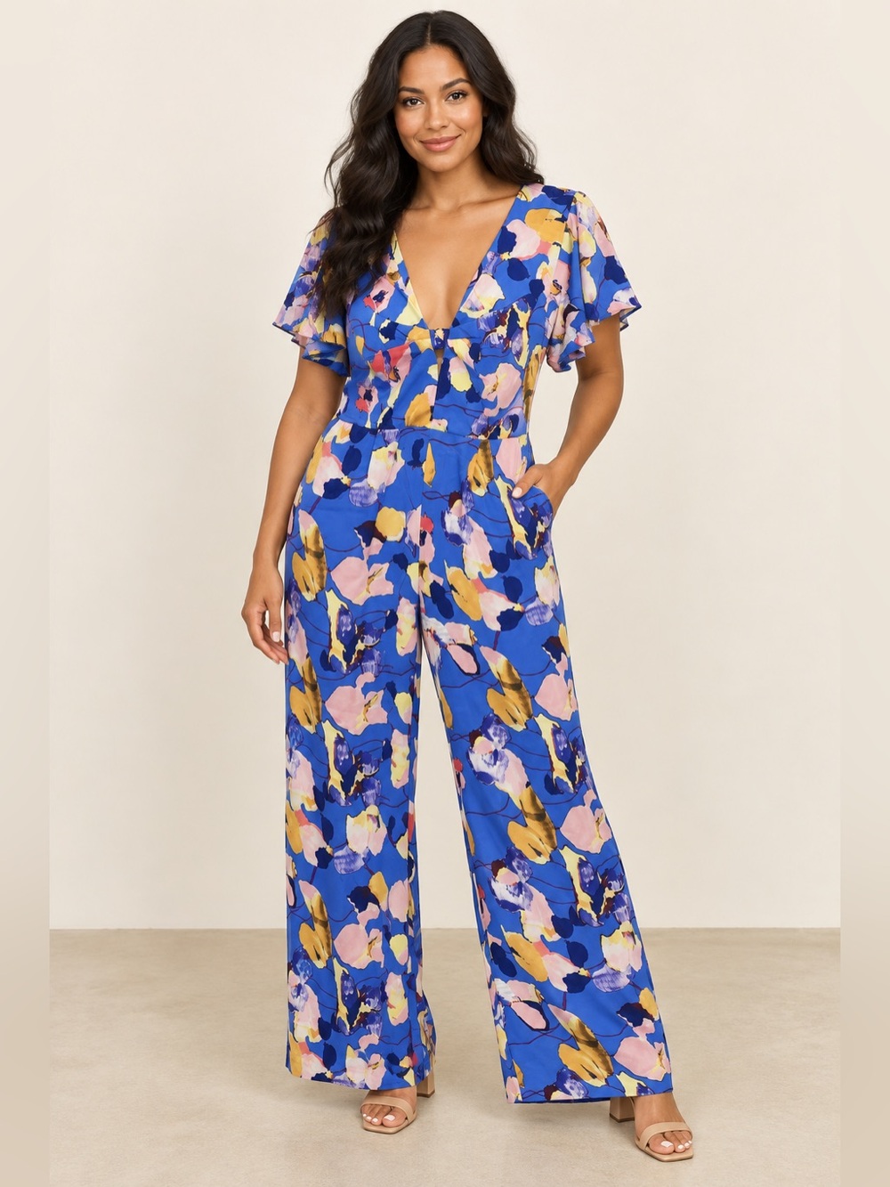 Milk & Honey Blue Floral Wide-Leg Jumpsuit Size: Small